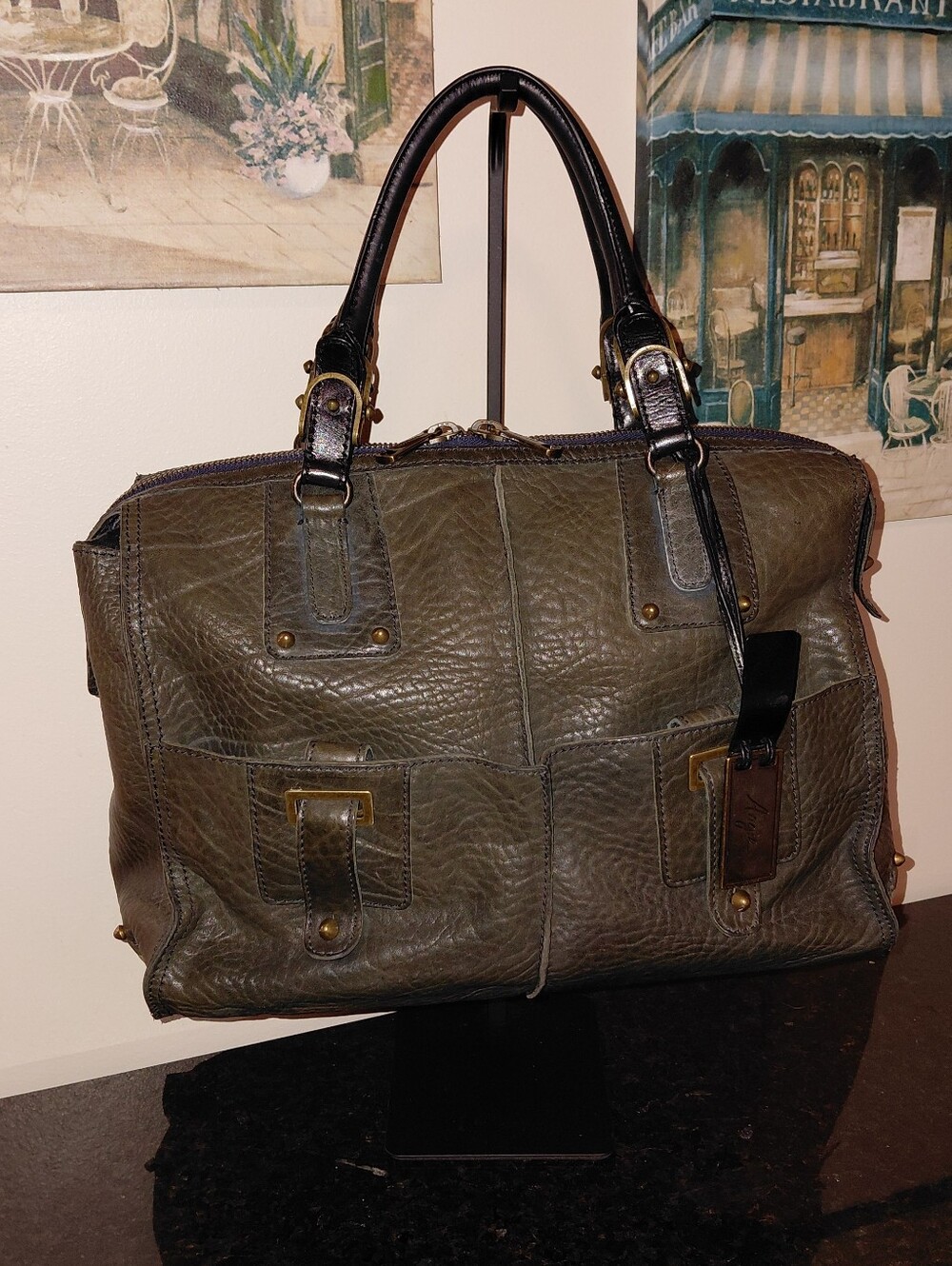 Y2K Joy Gryson "Angie" Green Brown Pebbled Leather Top Handle Satchel! GUC!